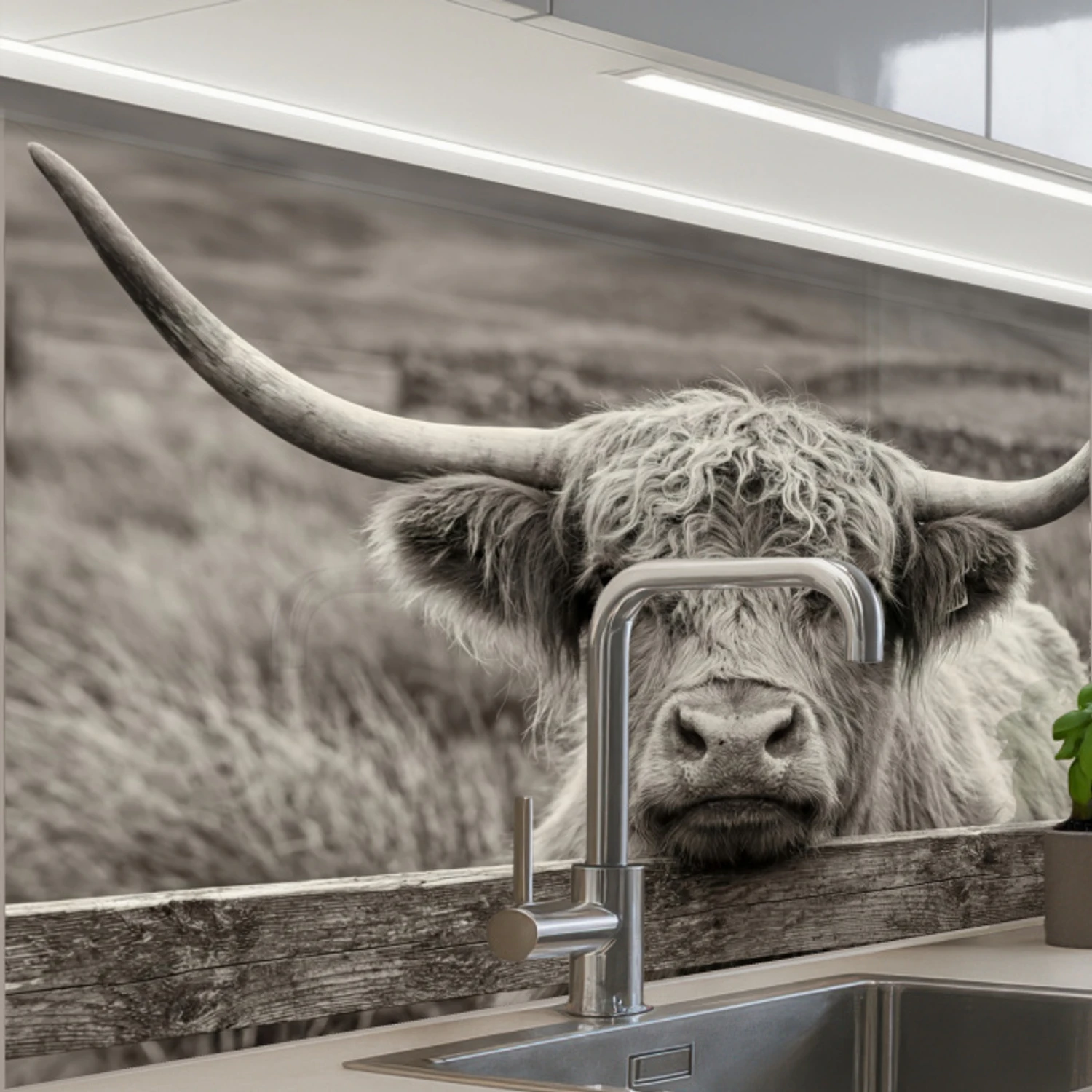 Schotse hooglander - Zwart - Wit - Hout keuken achterwand 2 middel -zzzz3d_schuin