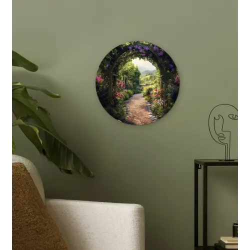 Doorkijk - Landschap - Bloemen - Tuinboog - Natuur Wandcirkel plexiglas klein -sfeer3