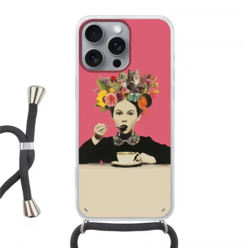 Meisje - Kopje - Bloemen - Roze Hoesje iPhone 16 Pro Max met koord klein -3d