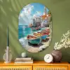 Boten - Rotsen - Zee - Zon Wandcirkel Ovaal Glas middel -sfeer2