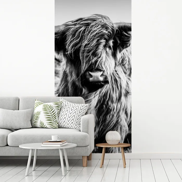 Schotse hooglander - Natuur - Koe - Zwart - Wit fotobehang vinyl groot -woonkamer