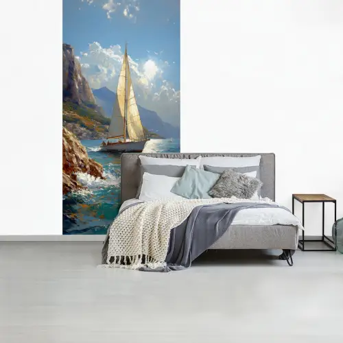 Zeilschip - Zee - Rotsen - Wolken fotobehang vinyl groot -slaapkamer