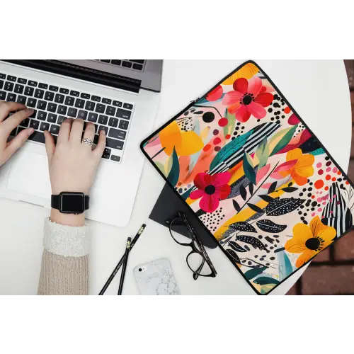 Bloemen - Bladeren - Abstract - Kleurrijk laptophoes neopreen klein -bureau