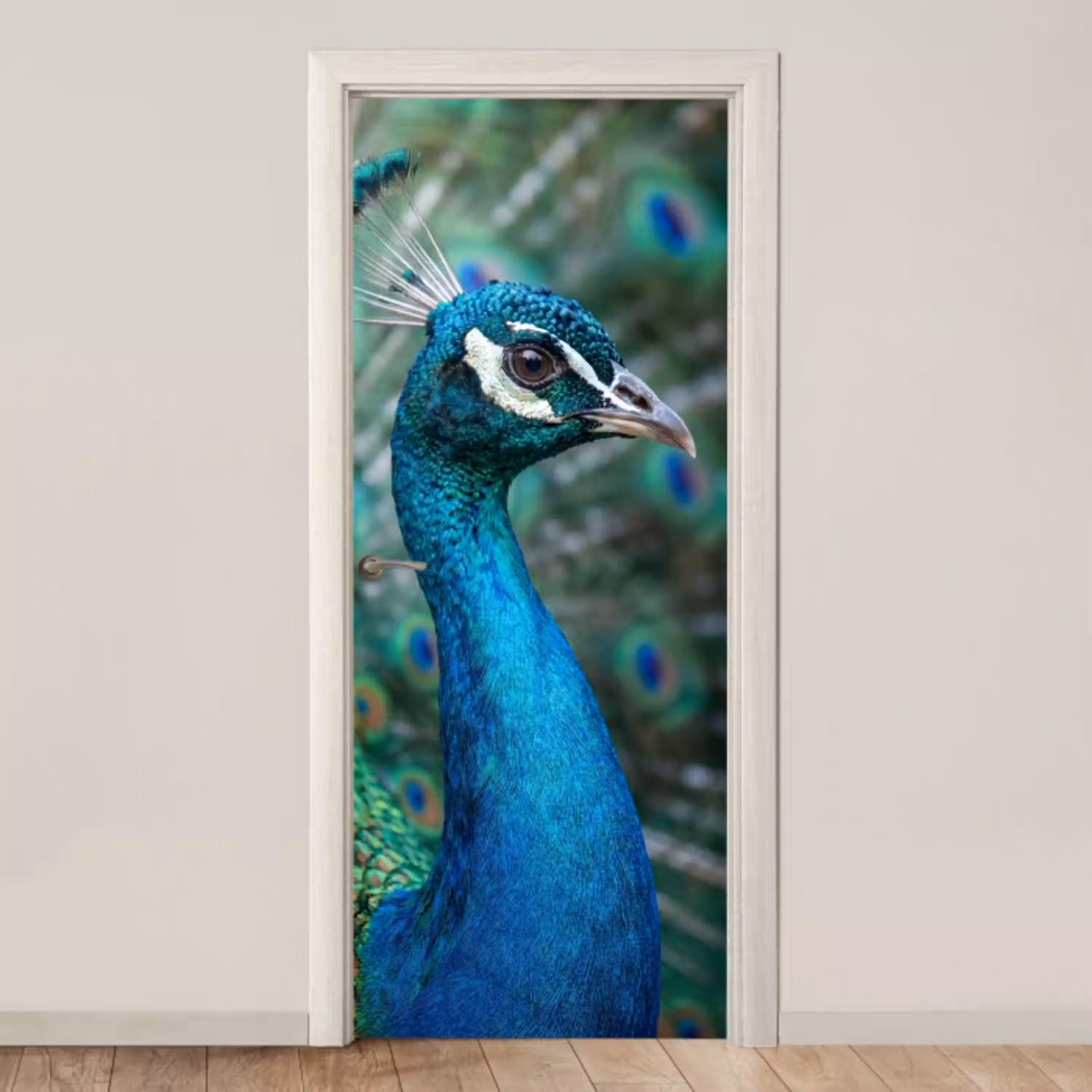 Pauw - Veren - Blauw deurposter klein -3d_beige