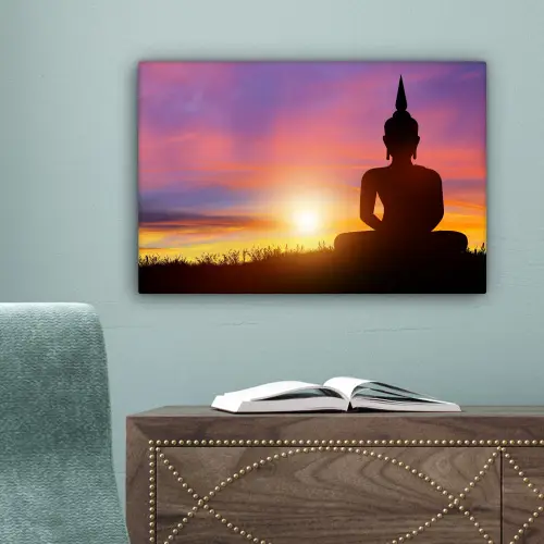 Zonsondergang - Horizon - Boeddha beeld - Buddha -  Silhouette canvas 2cm klein -sfeer4