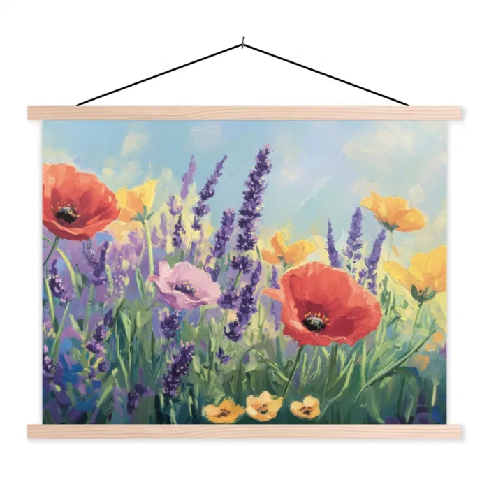 Weide - Bloemen - Kleurrijk textielposter latten blank klein -3d