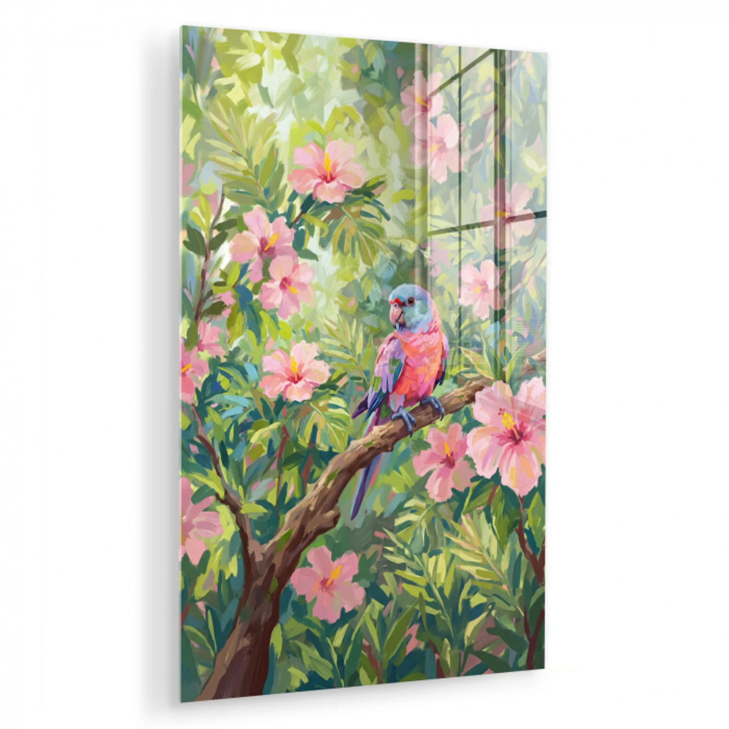 Papagaai - Hibiscusbloemen - Kleurrijk plexiglas 5mm klein -zzzproduct_nieuw