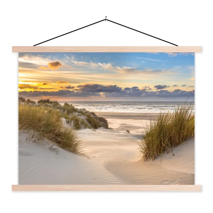 Strand - Duin - Gras - Zonsondergang - Zee textielposter latten blank klein -3d