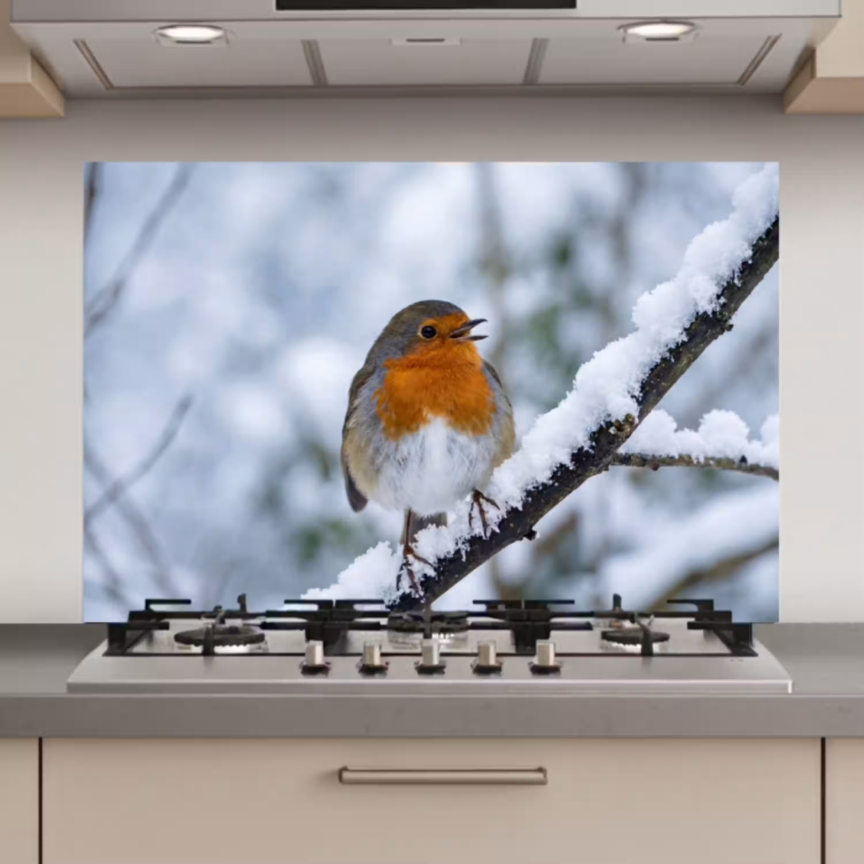 Roodborstje - Tak - Sneeuw - Winter - Levendig keuken achterwand spatscherm klein -3d_website