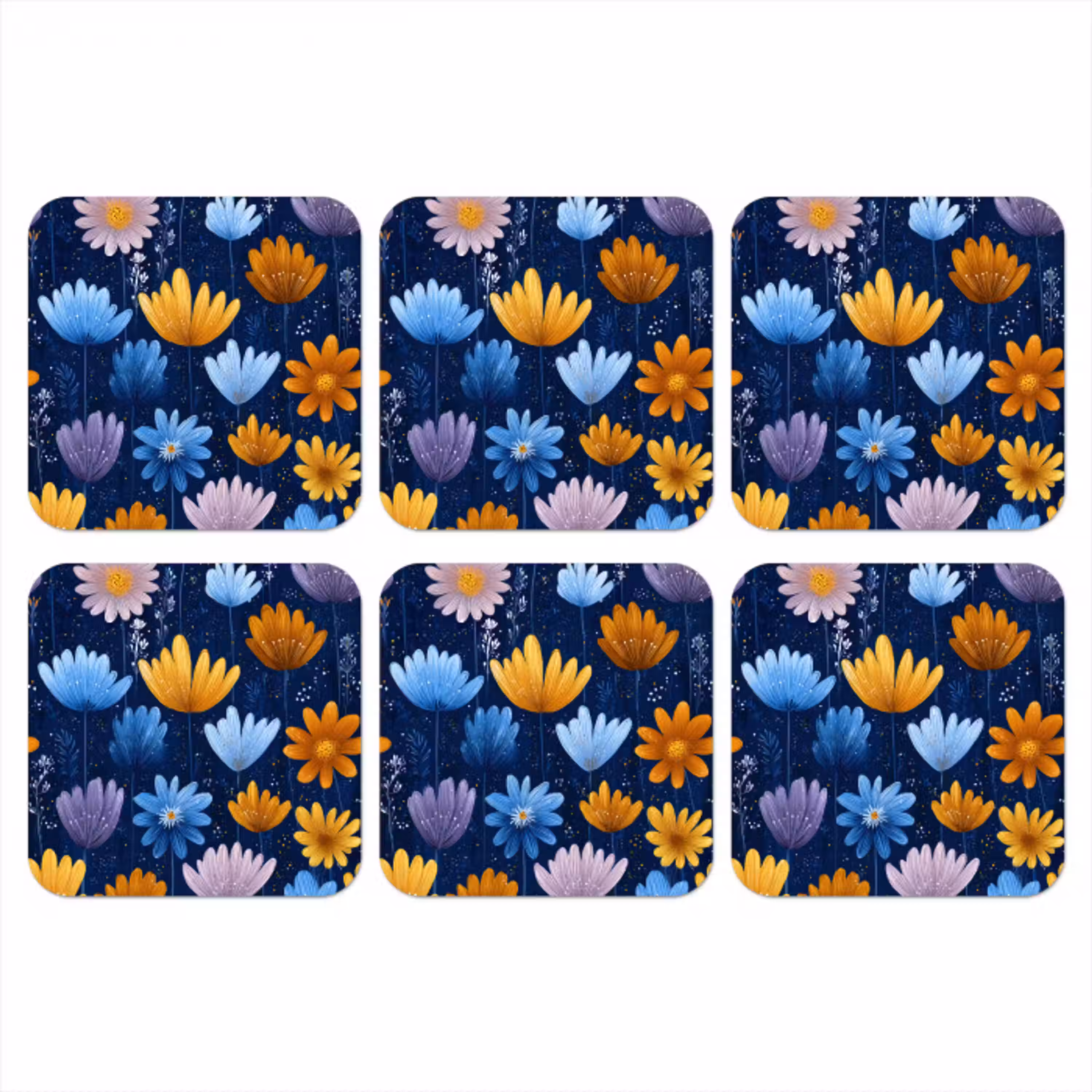 Bloemen - Patroon - Blauw - Contrast onderzetter kurk middel -3d