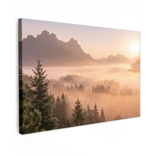 Zonlicht - Mist - Bergen - Bomen Tuinposter op houten frame 2 cm dik klein -3d