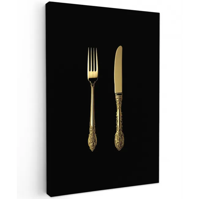 Goud - Vork - Mes Tuinposter op houten frame 2 cm dik middel -3d