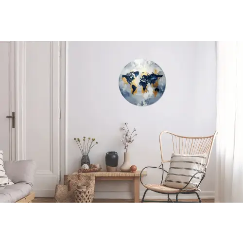 Wereldkaart - Blauw - Abstract Wandcirkel aluminium klein -woonkamer