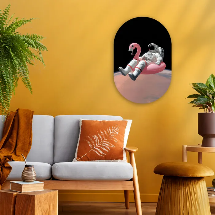 Astronaut - Flamingo - Zwemband - Roze Wandcirkel Ovaal Forex klein -sfeer4