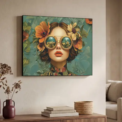 Vrouw - Bloemen - Vlinders - Natuur - Vintage Textielframe zwart klein -sfeer3