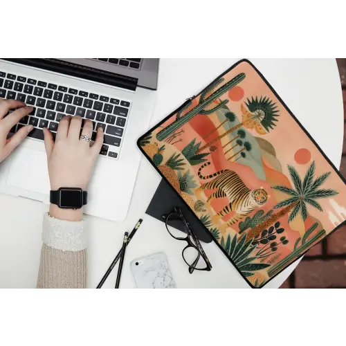 Tijger - Palmen - Cactus - Oranje laptophoes neopreen klein -bureau