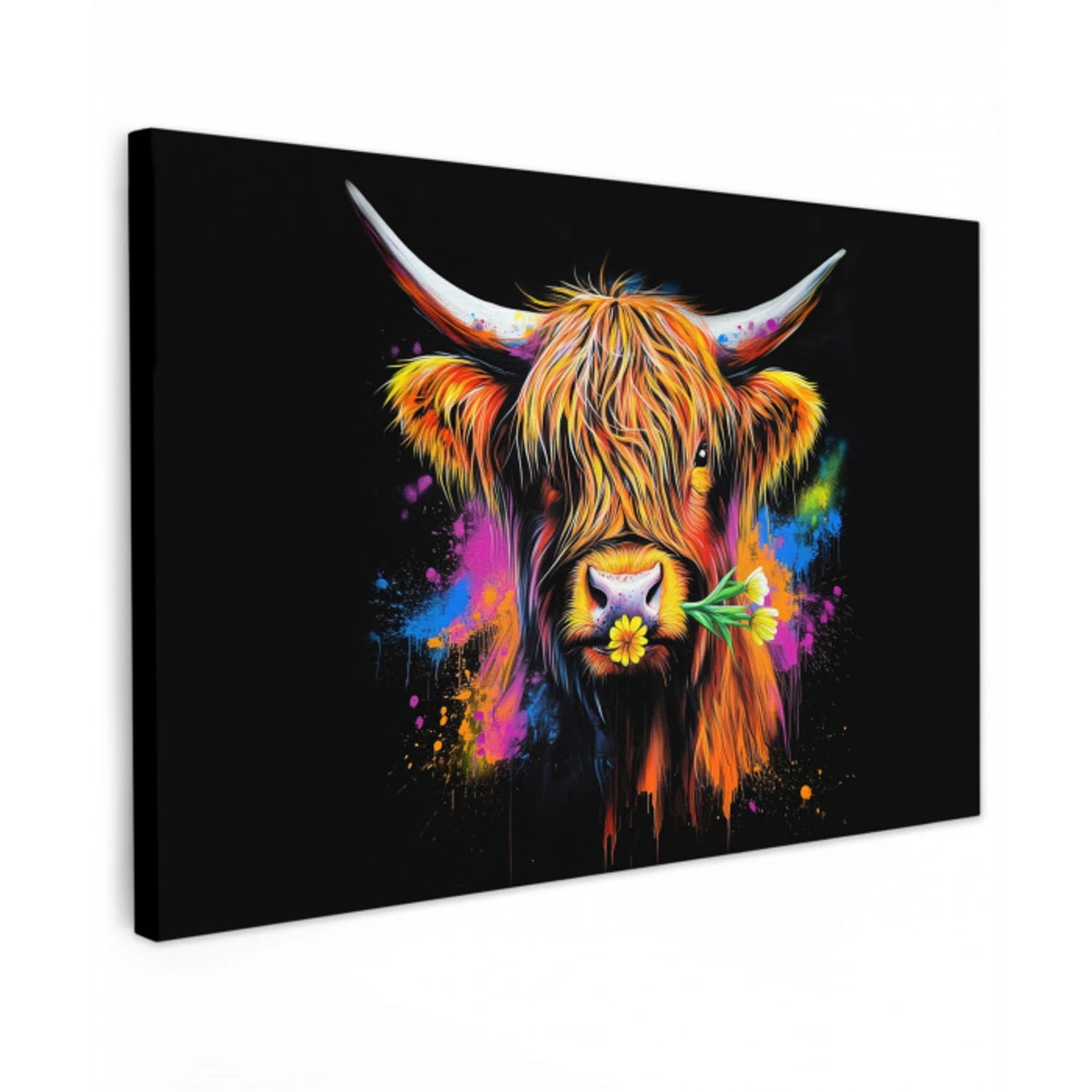 Schotse Hooglander - Graffiti - Kleurrijk - Bloem - Dieren Tuinposter op houten frame 2 cm dik klein -3d