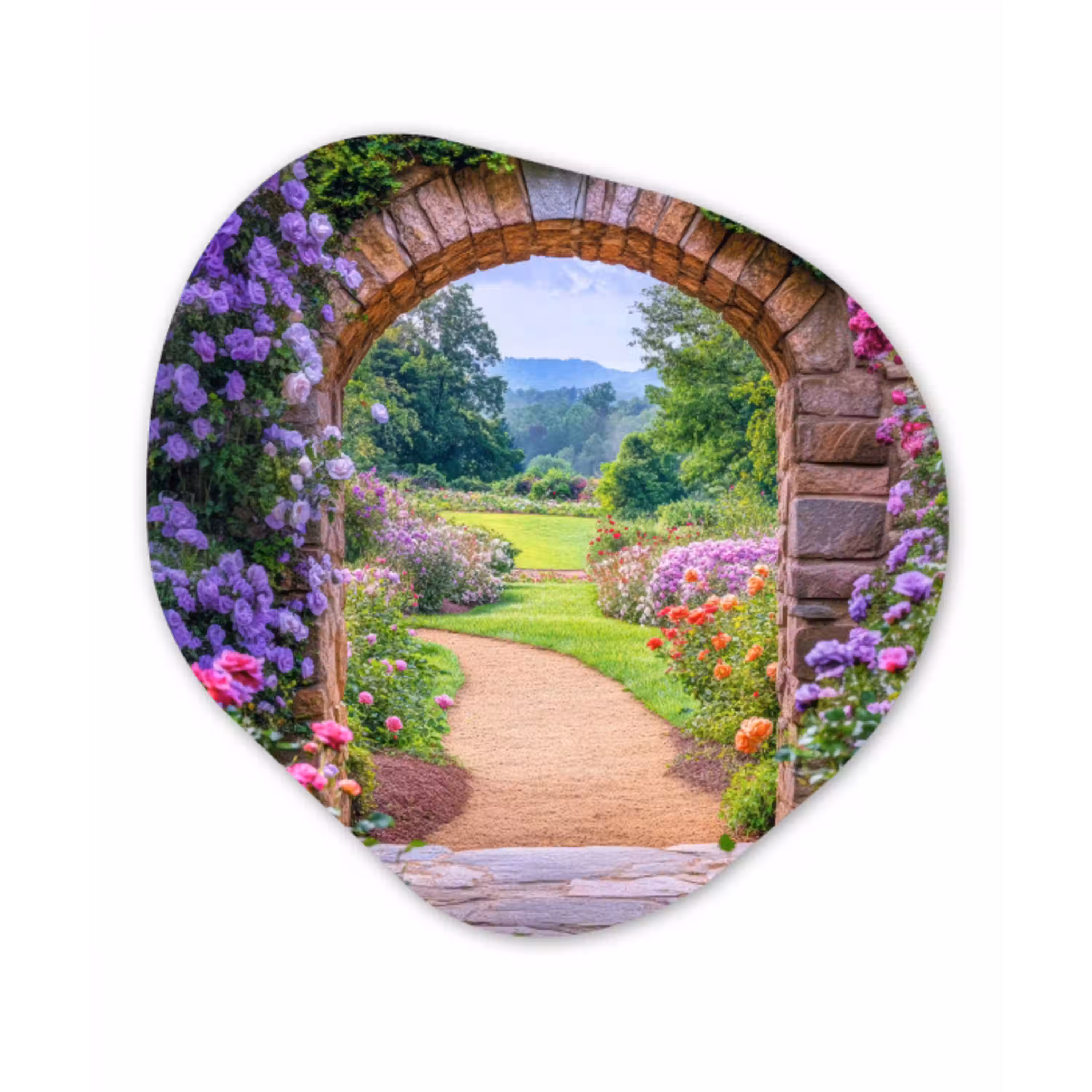 Doorkijk - Poort - Bloemen - Tuin Wandcirkel Organisch Plexiglas middel -3d