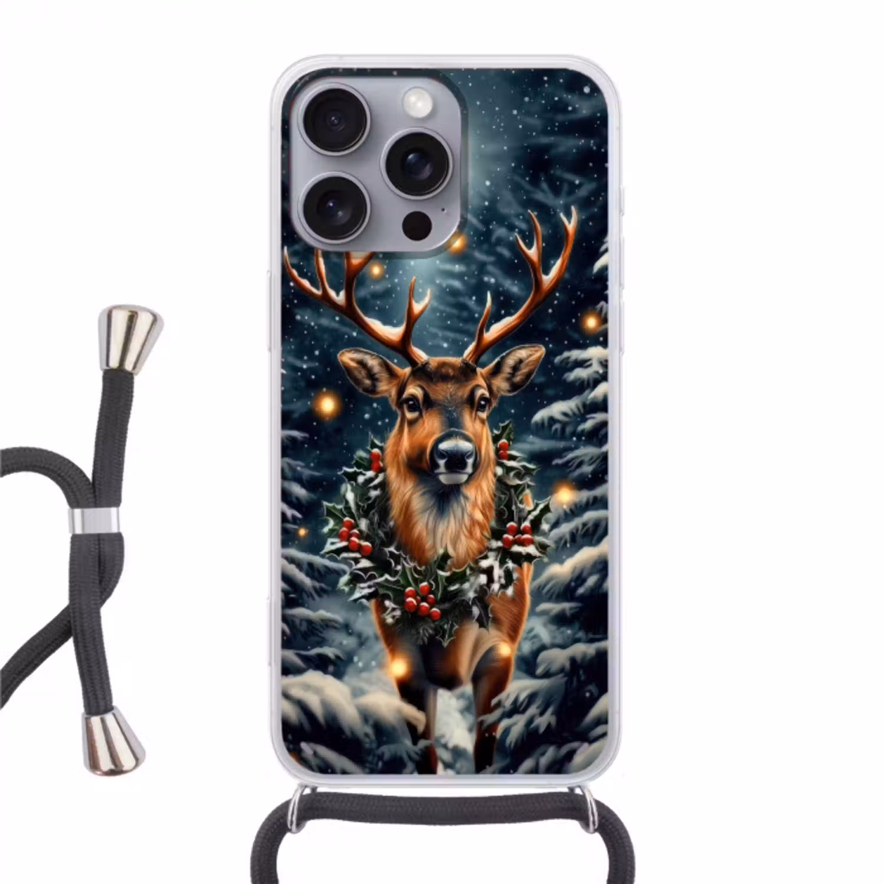 Kerst - Magie - Bos - Kleurrijk Hoesje iPhone 16 Pro Max met koord klein -3d