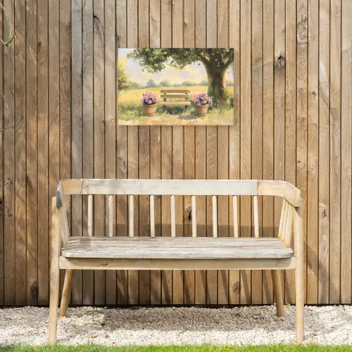Houten bankje - Bloempotten - Landschap Tuinposter op houten frame 2 cm dik klein -sfeer4