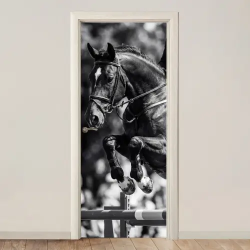 Springen - Paard - Zwart - Wit deurposter klein -3d_beige