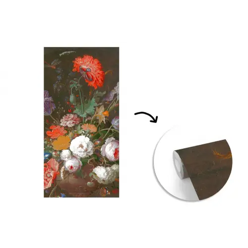 Stilleven met bloemen en een horloge - Schilderij van Abraham Mignon fotobehang vinyl groot -3d