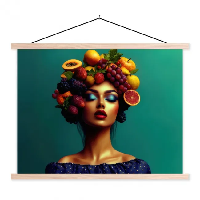 Vrouw - Hoodtooi - Tropisch - Fruit - Druiven textielposter latten blank klein -3d