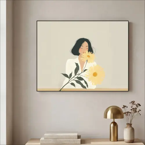 Vrouw - Bloem - Geel - Minimalistisch Textielframe - compleet frame klein -sfeer2