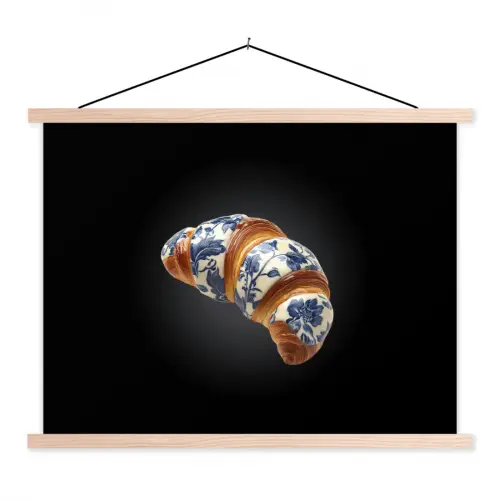 Croissant - Bloemenpatroon - Delftsblauw textielposter latten blank klein -3d