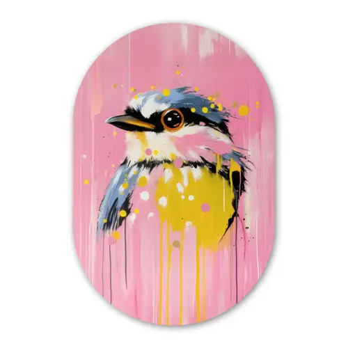 Vogel - Roze - Geel - Blauw Wandcirkel Ovaal Glas middel -3d