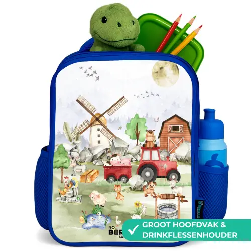 dieren op een boederij Kinderrugzak - Blauw middel -inhoud_NL