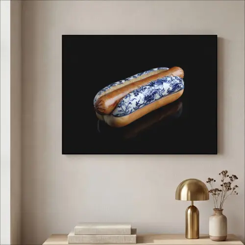 Hotdog - Porselein - Delfts blauw - Eten Textielframe zwart klein -sfeer2
