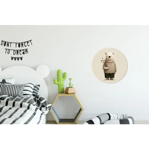 Knuffelbeer - Oranje bloemen - Vriendelijk Wandcirkel aluminium klein -kinderkamer