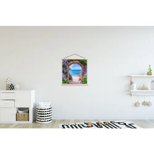 Doorkijk - Poort - Zee - Strand - Rotsen textielposter latten blank klein -kinderkamer