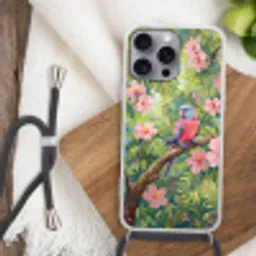 Papagaai - Hibiscusbloemen - Kleurrijk Hoesje iPhone 16 Pro Max met koord klein -sfeer4