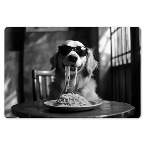 Golden Retriever - Hond - Vrolijk -  Bord spaghetti - Zwart - wit Placemat vinyl groot -zzsfeer1_Kitchenyeah-website