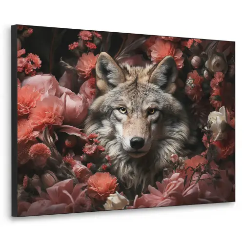 Wolf - Dier - Bloemen - Botanisch - Natuur - Fantasie Textielframe zwart klein -3d