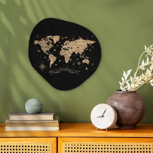 Wereldkaart - Beige - Zwart Wandcirkel Organisch Forex 3mm klein -sfeer2