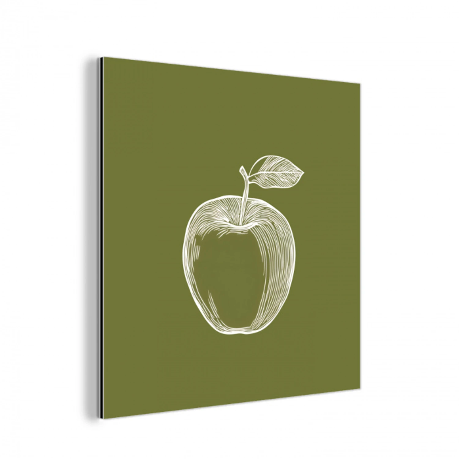 Lijntekening - Appel - Olijfgroen - Blaadje aluminium wit klein -3d