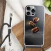 Koffiebonen - Zwevend - Grijs Hoesje iPhone 16 Pro Max met koord klein -sfeer4