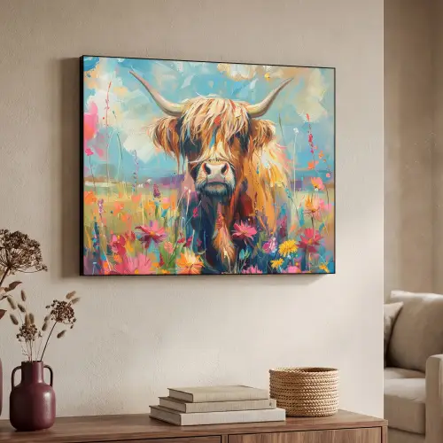 Schotse hooglander - Natuur - Kleurrijk - Bloemen Textielframe - compleet frame klein -sfeer3