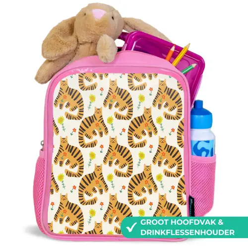 Vrolijk - Tijgerkatten - Bloemen Kinderrugzak - Roze middel 863 -inhoud_NL