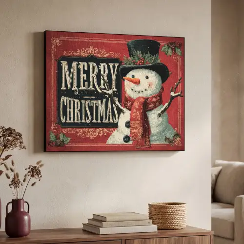 Klassiek - Kerstgroet - Sneeuwpop - Rood Textielframe zwart klein -sfeer3