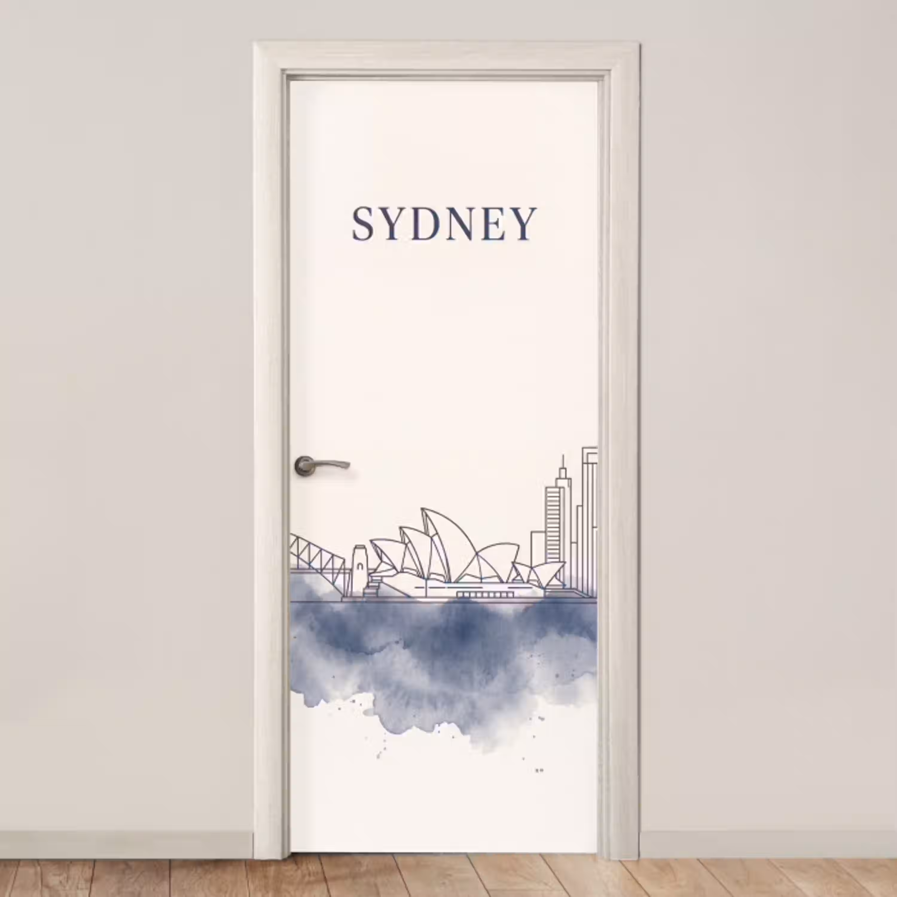 Stad - Skyline - Architectuur - Minimalistisch - Blauw deurposter klein -3d_beige
