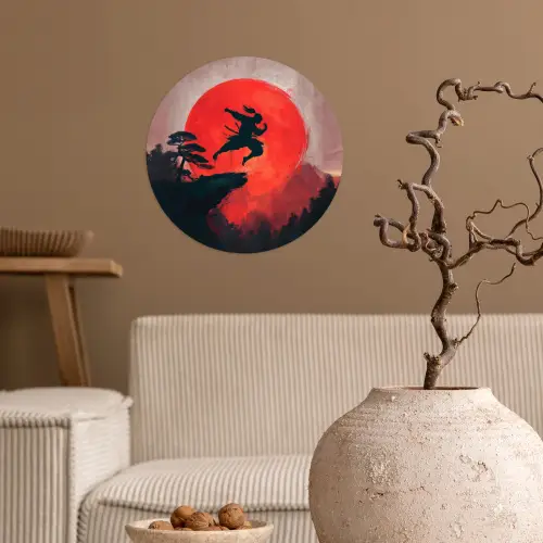 Zon - Krijger - Bomen - Bergen Wandcirkel behangsticker klein -sfeer1