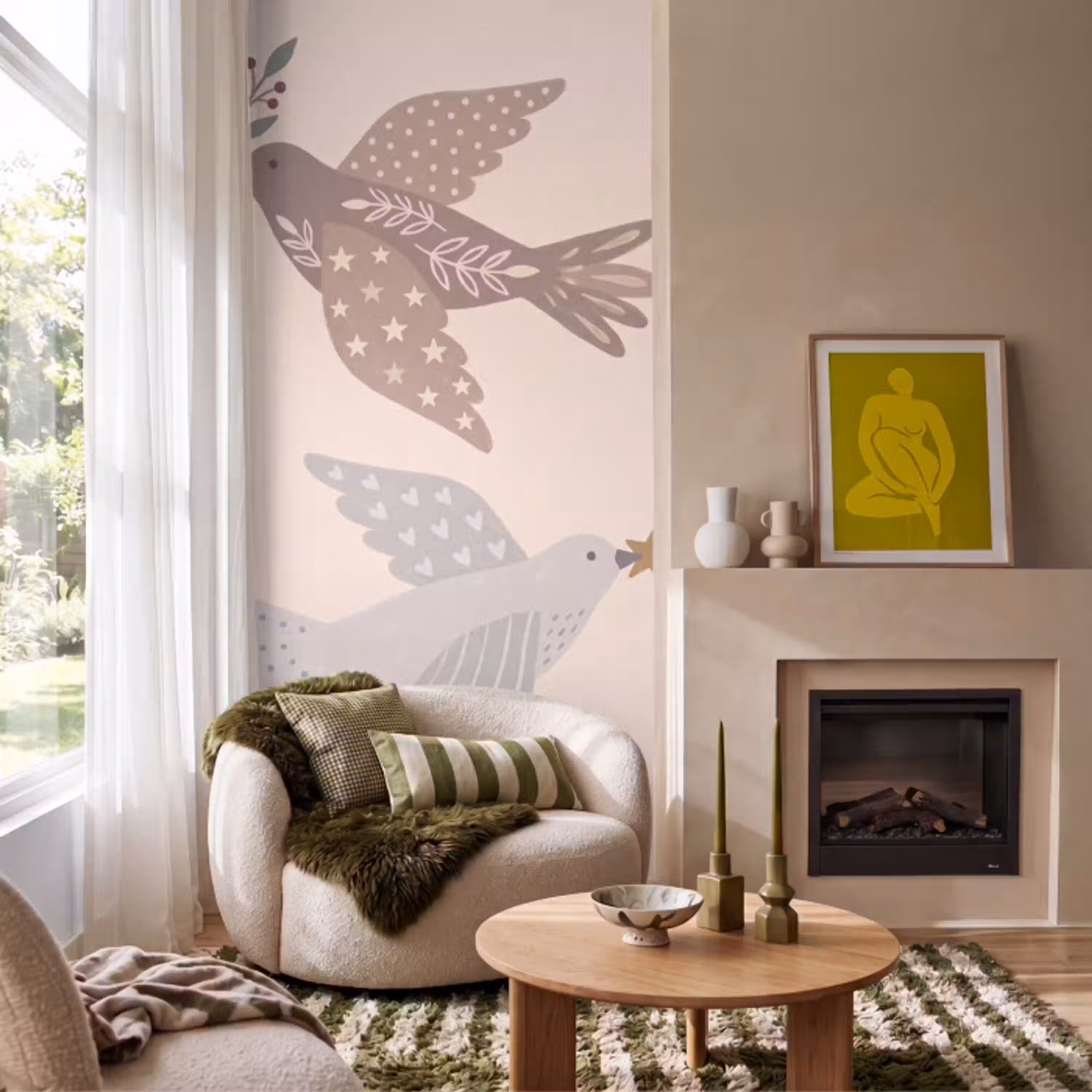 Vogel - Bessen - Natuur - Modern - Beige Behang Vlies klein -sfeer2
