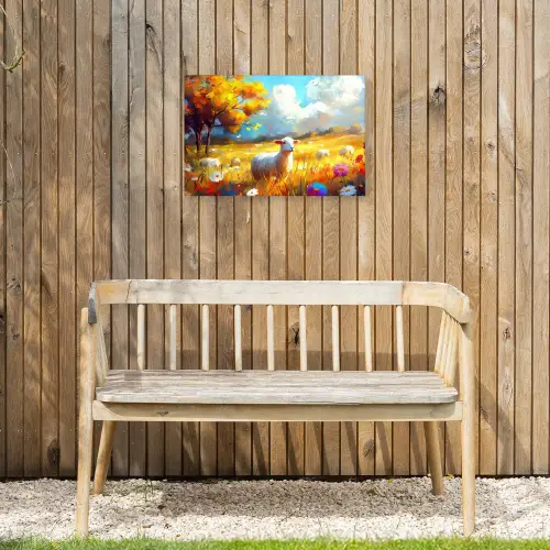 Schaap - Weide - Bloemen Tuinposter op houten frame 2 cm dik klein -sfeer4