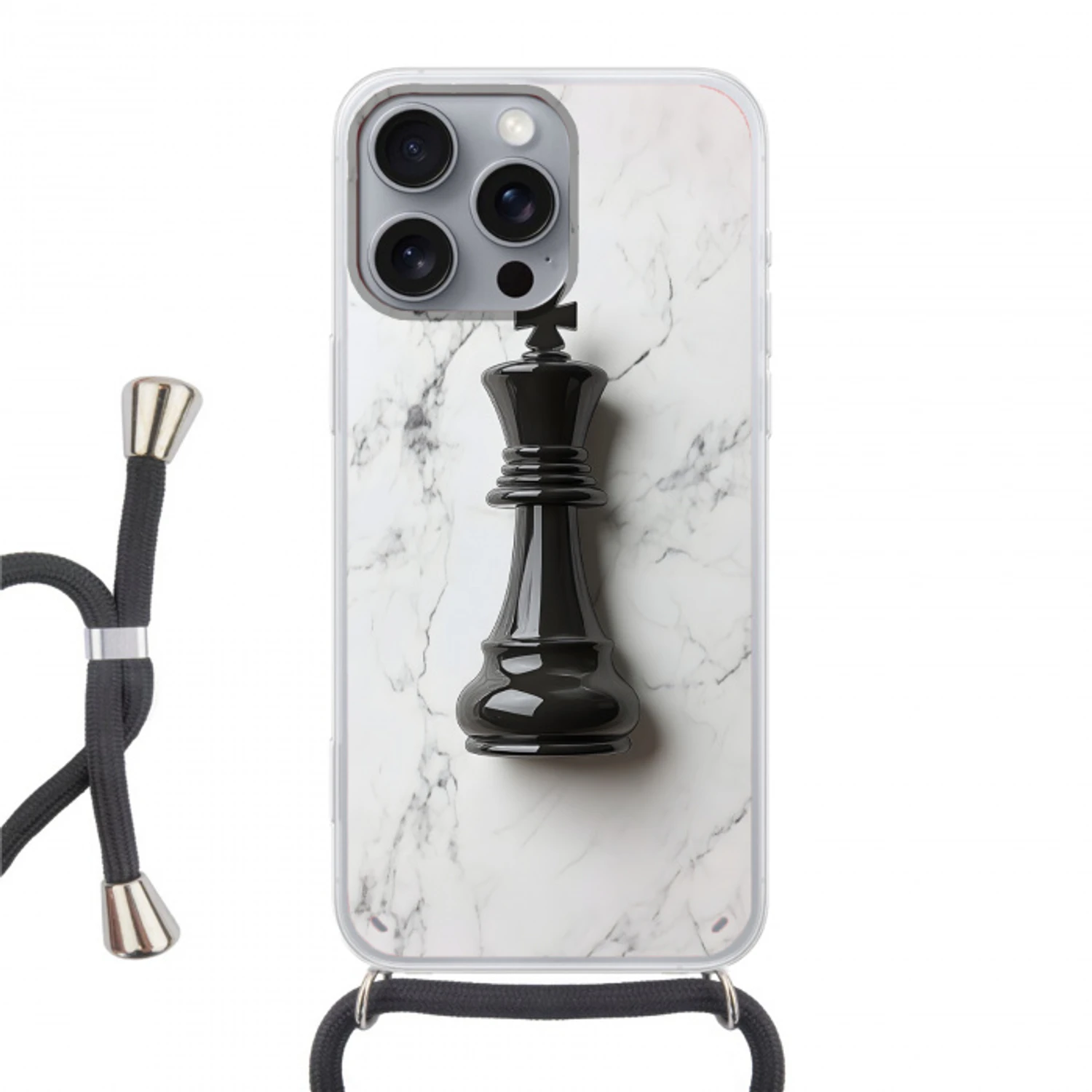 Schaakstuk - Koning - Zwart - Marmer Hoesje iPhone 16 Pro Max met koord klein -3d