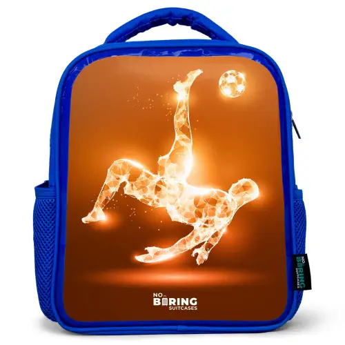 Oranje lichtvoetballer in zweefmoment Kinderrugzak - Blauw middel -3d