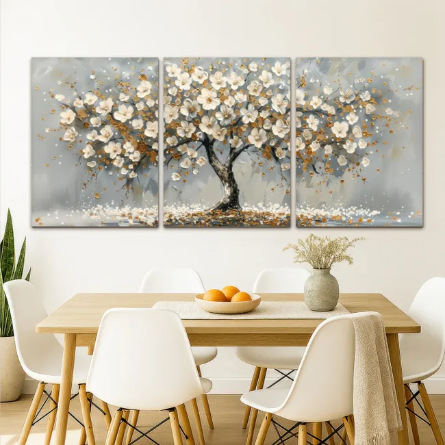 Meerluik schilderij - 3 luiken - Boom - Abstract - Wit - Bloesem